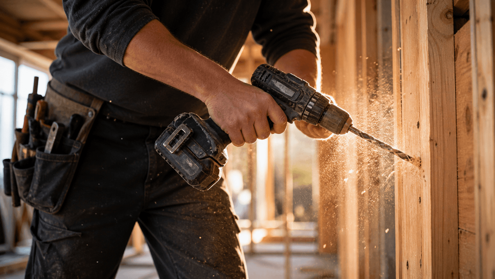Drilling into a timber frame on site
