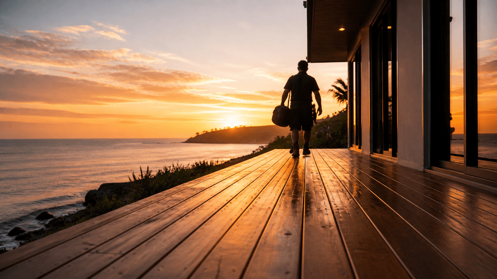 Handyman walking along a deck at sunset